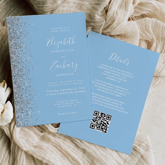 Invitation Parties scintillant argent moderne Baby Blue QR Co (Créateur téléchargé)