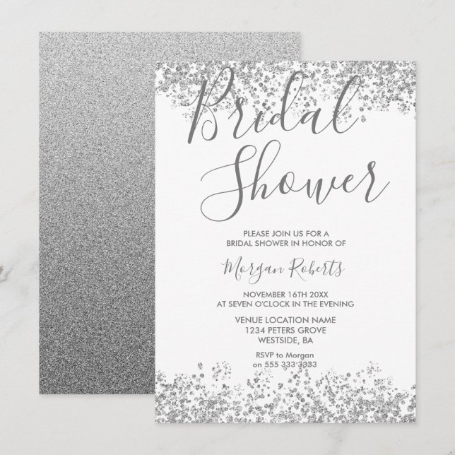 Invitation Parties scintillant Argent Moderne Douche nuptiale (Devant / Derrière)