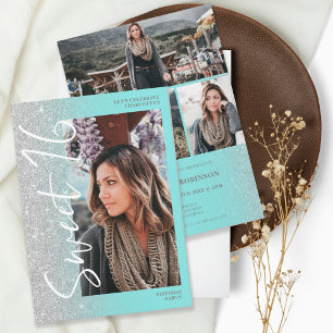 Invitation Parties scintillant argent ombre script turquoise 