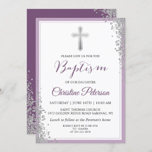 Invitation Parties scintillant Argent Plum Purple Girl Baptêm