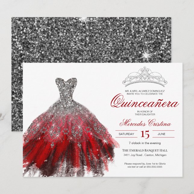 Invitation Parties scintillant Argent Red Gown Elegant Quince (Devant / Derrière)