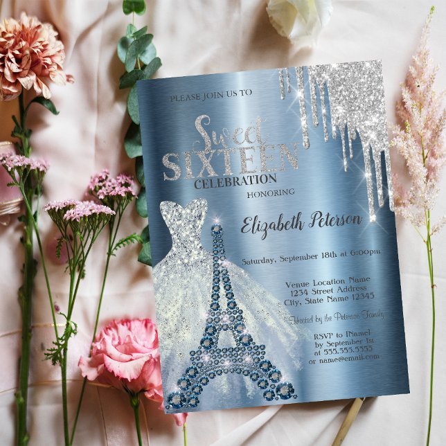 Invitation Parties scintillant Argent, Robe Bleue Tour Eiffel (Créateur téléchargé)