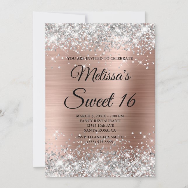 Invitation Parties scintillant argent Rose or doux 16 Fancy M (Devant)