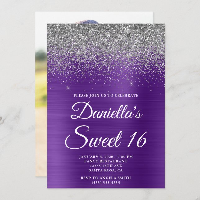 Invitation Parties scintillant Argent Royal Purple Foil Photo (Devant / Derrière)