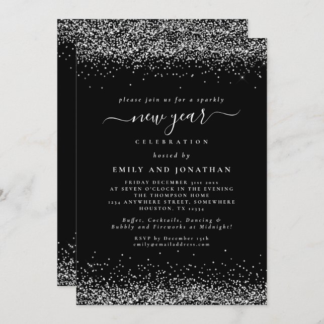 Invitation Parties scintillant Argent Script Black New Years  (Devant / Derrière)