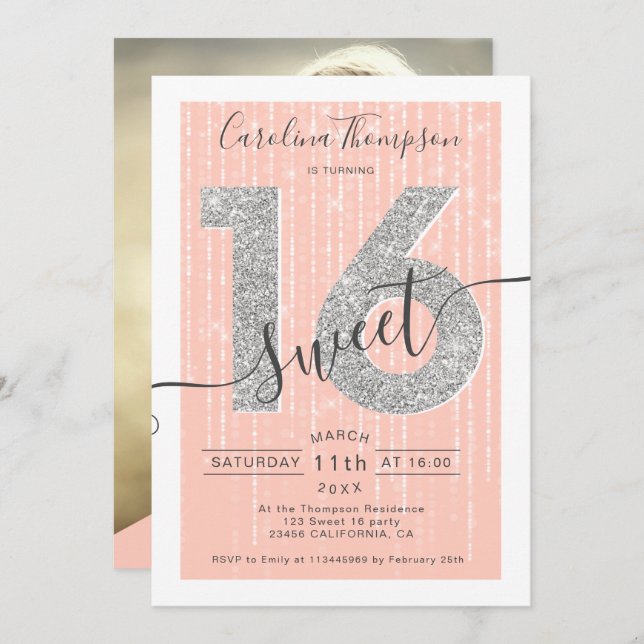 Invitation Parties scintillant argent script pêche Sweet 16 p (Devant / Derrière)