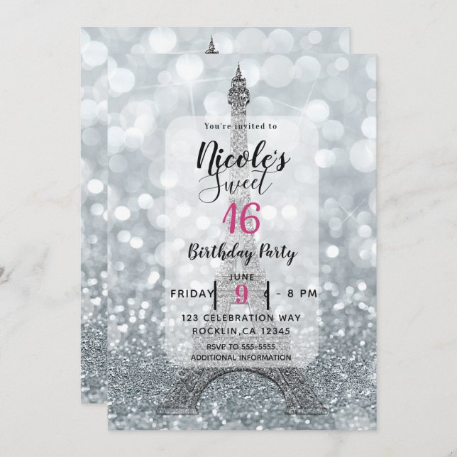 Invitation Parties scintillant Argent Sparkle Bling Tour Eiff (Devant / Derrière)