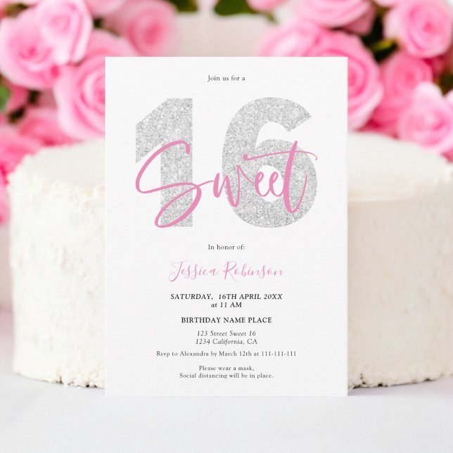Invitation Parties scintillant argent Sweet 16 script photo a (Silver glitter Sweet 16 script photo birthday Invitation)