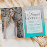 Invitation Parties scintillant argent turquoise ombre photo S<br><div class="desc">Une simple parties scintillant en faux argent moderne cadre géométrique stylisé avec bande en faux argent sur personnalisable robbin oeuf bleu turquoise Sweet sixteen anniversaire invitation,  ajoutez votre image.</div>