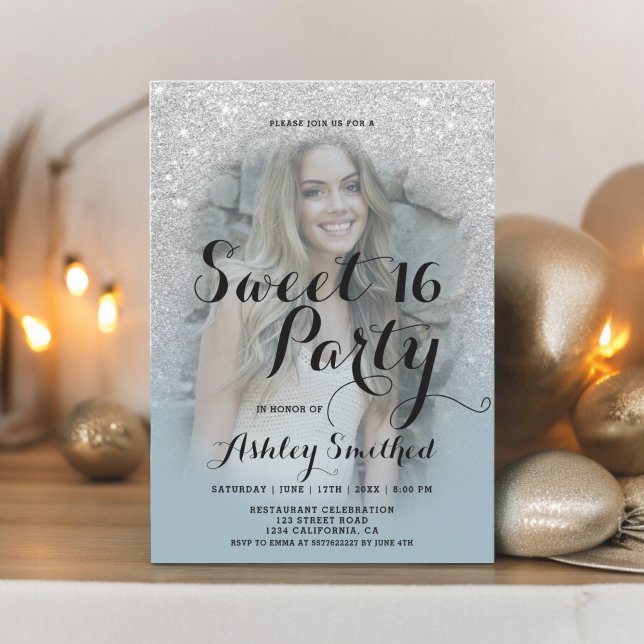 Invitation Parties scintillant argentée bleu foncé ombre phot (Silver glitter dusty blue ombre photo Sweet 16 Invitation)