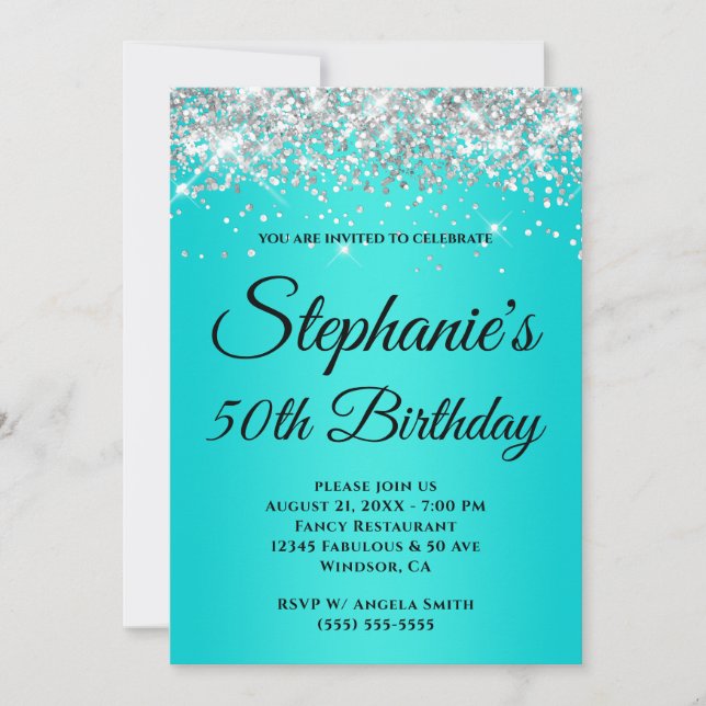 Invitation Parties scintillant argentée brillante turquoise b (Devant)