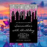 Invitation Parties scintillant argentée et rose profonde gout<br><div class="desc">Une jolie invitation pour sa fabuleuse fête du 40e anniversaire. La fausse parties scintillant argentée brillante et rose foncé ou rose chaud gouttes créées avec des graphiques arts numériques contre noir solide. Customisez l'élégant style de police, la taille, l'espacement et la couleur selon vos besoins. Invitations de fête d'anniversaire personnalisables....</div>