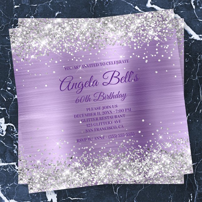 Invitation Parties scintillant argentée Faux Sparkly Purple B (Créateur téléchargé)