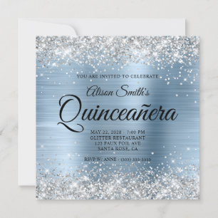 Invitation Parties scintillant argentée Monogramme bleu clair