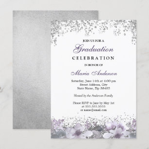 Invitation Parties scintillant argentée Purple Floral Graduat