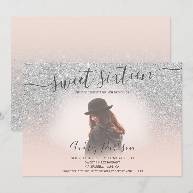 Invitation Parties scintillant argentée rose pâle chic Sweet  (Devant / Derrière)