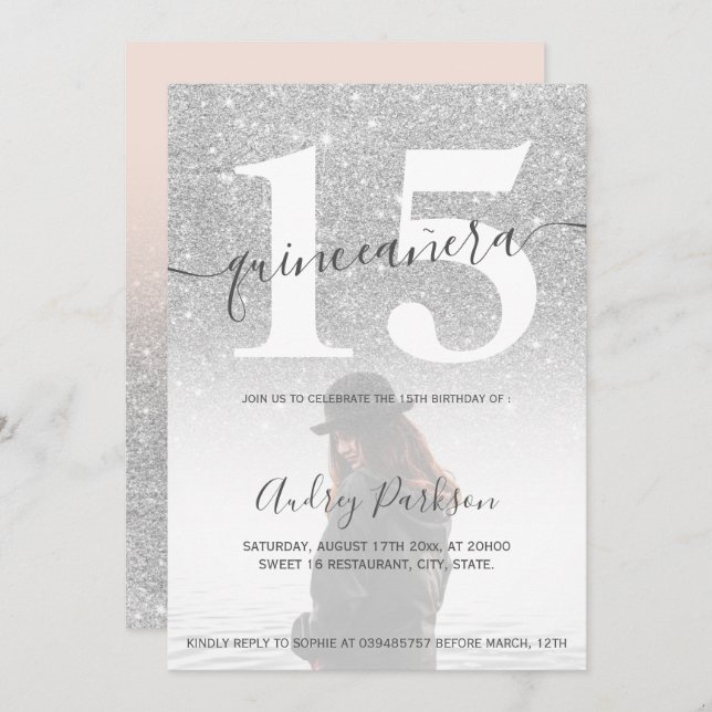 Invitation Parties scintillant argentée rose pâle quinceanera (Devant / Derrière)