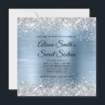Invitation Parties scintillant argentée Sweet sixteen Monogra<br><div class="desc">Une invitation à 16ème anniversaire de Sweet sixteen monobloc à glam girly avec parties scintillant en argent étincelant contre une feuille en métal brossé bleu clair. Customisez le style de police de calligraphie dans le monogramme noir et blanc sur le côté arrière, ou le style de police moderne tous les...</div>