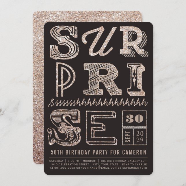 Invitation Parties scintillant Art déco Surprise Fête Anniver (Devant / Derrière)