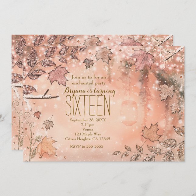 Invitation Parties scintillant Automne Feuilles Rose Gold Aut (Devant / Derrière)