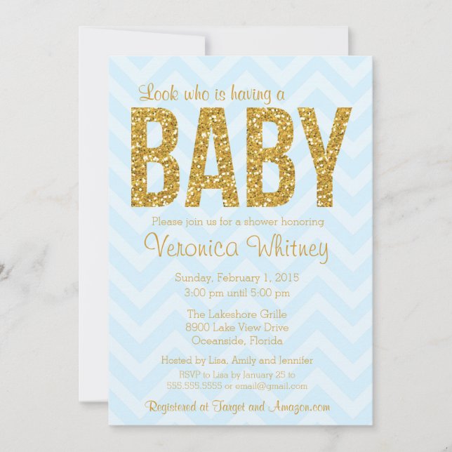 Invitation Parties scintillant Baby shower Invitation, Or ble (Devant)
