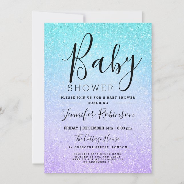 Invitation Parties scintillant Baby shower violet et turquois (Devant)