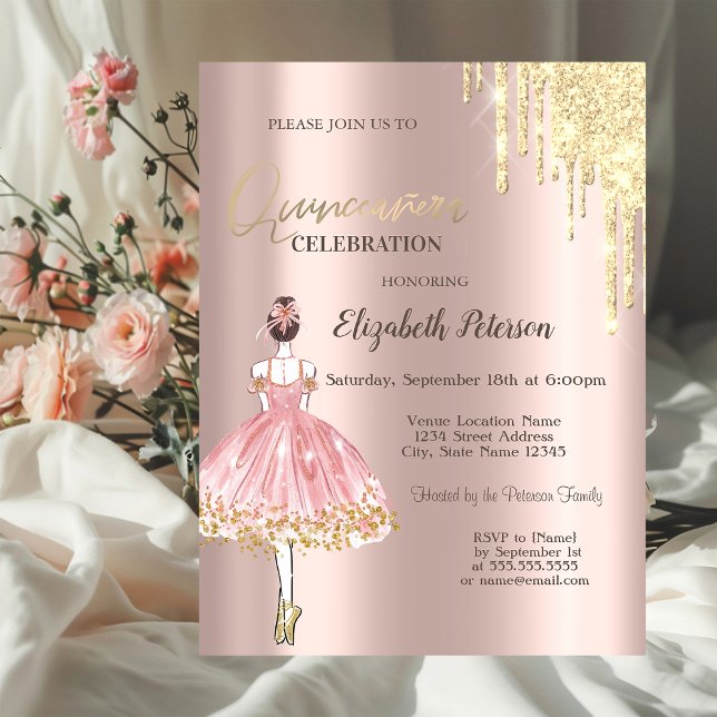 Invitation Parties scintillant, Ballerina, Rose Gold Quinceañ (Créateur téléchargé)