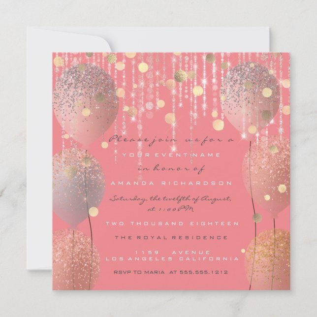 Invitation Parties scintillant Ballons Rose Bridal Sweet 16e  (Devant)