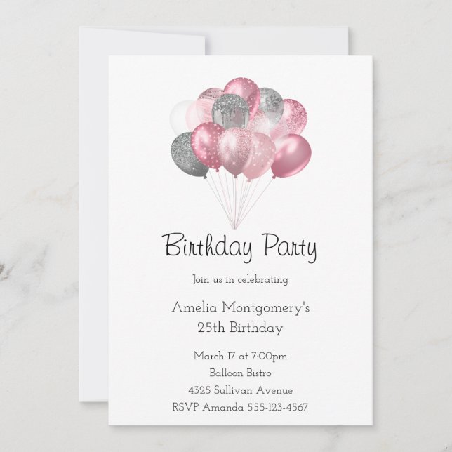 Invitation Parties scintillant Balloon Bunch rose et argent A (Devant)