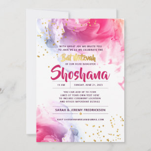 Invitation Parties scintillant bat mitzvah aquarelle rose et