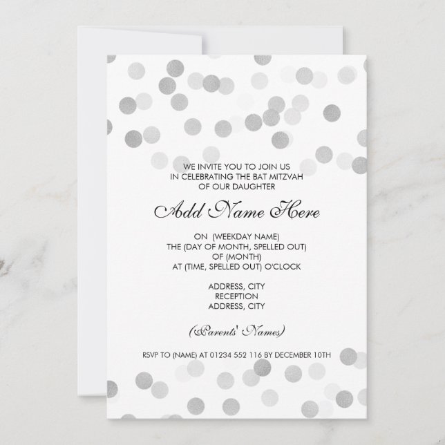 Invitation Parties scintillant Bat mitzvah Faux Argent (Devant)