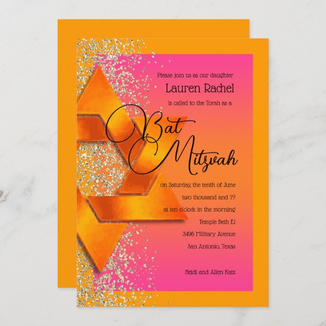 Invitation Parties scintillant bat mitzvah Orange Rose Ombre  (Devant / Derrière)