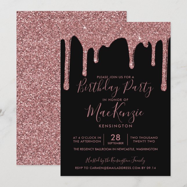 Invitation Parties scintillant Black et Rose Gold Sparkle Dri (Devant / Derrière)