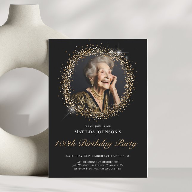 Invitation Parties scintillant Black Gold 100e Anniversaire F (Glitter Black Gold 100th Birthday Party Invitation)