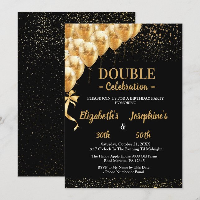 Invitation Parties scintillant Black Gold Balloons Double Ann (Devant / Derrière)