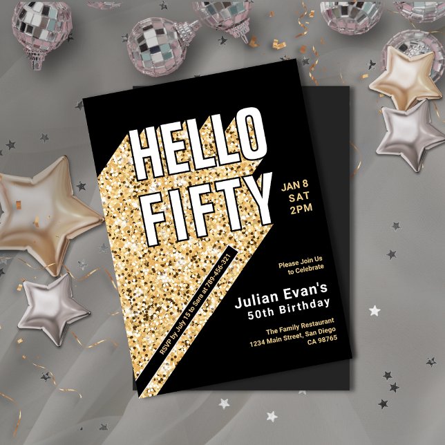 Invitation Parties scintillant Black & Gold Bold Typographie  (Glitter Black & Gold Bold Typography 50th Birthday Invitation)
