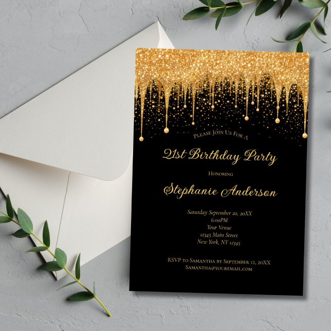 Invitation Parties scintillant Black Gold Dripping tendance 2 (Black Gold Dripping Glitter 21st Birthday Invitation for her. Printed or Digital Download)