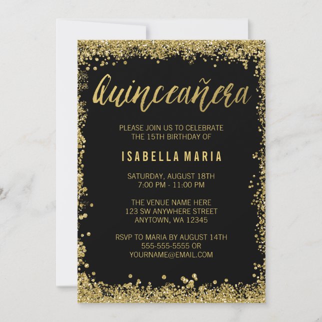 Invitation Parties scintillant Black Gold Faux Quinceanera 15 (Devant)