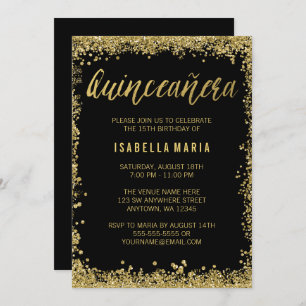 Invitation Parties scintillant Black Gold Faux Quinceanera 15