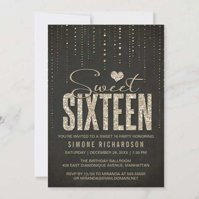 Invitation Parties scintillant Black & Gold Look Sweet 16 (Se (Devant)