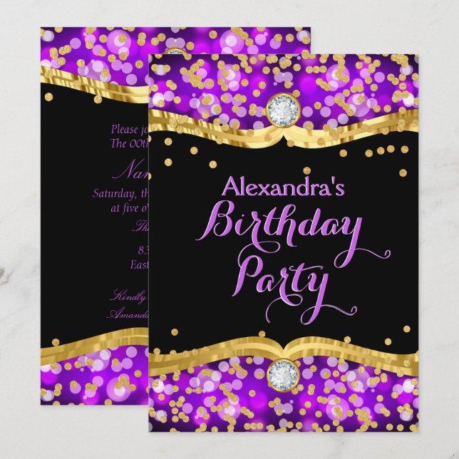 Invitation Parties scintillant Black Gold Purple Confetti fêt (Devant / Derrière)