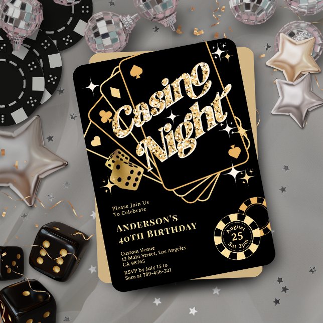 Invitation Parties scintillant Black & Gold Sparkling Vegas C (Glitter Black & Gold Sparkling Vegas Casino Night Invitation )