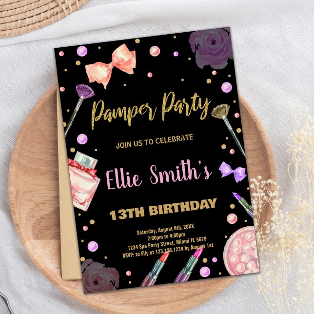 Invitation Parties scintillant Black Pamper Party Anniversair (Glitter Black Pamper Party Birthday Invitations)