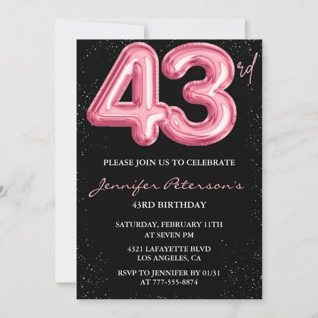 Invitation Parties scintillant Black Pink Balloon Glam 43e an (Devant)