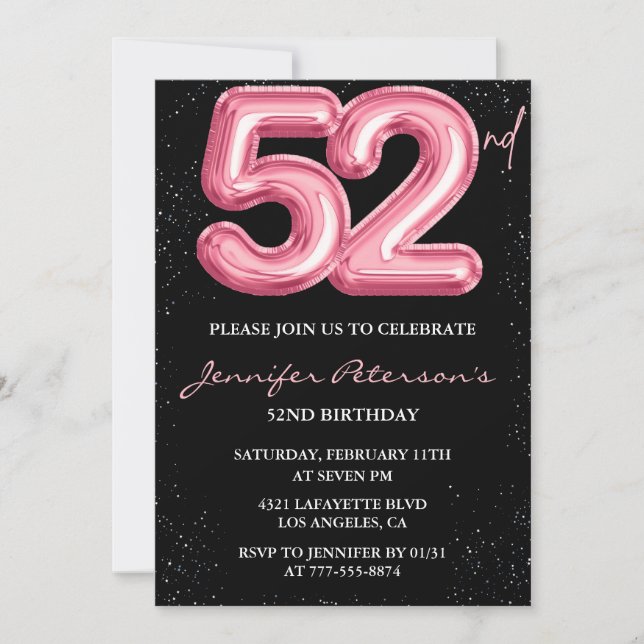 Invitation Parties scintillant Black Pink Balloon Glam 52e an (Devant)