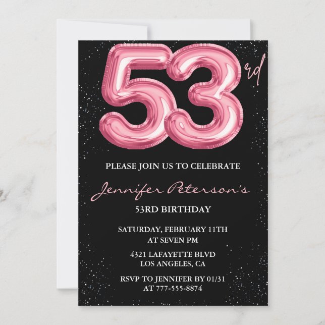 Invitation Parties scintillant Black Pink Balloon Glam 53e an (Devant)