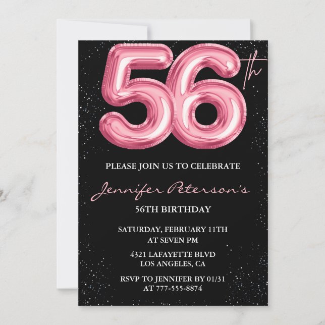 Invitation Parties scintillant Black Pink Balloon Glam 56e an (Devant)