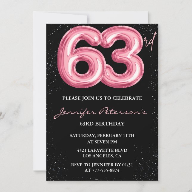 Invitation Parties scintillant Black Pink Balloon Glam 63e an (Devant)