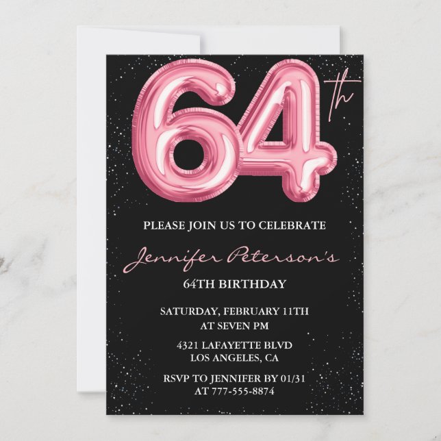 Invitation Parties scintillant Black Pink Balloon Glam 64e an (Devant)