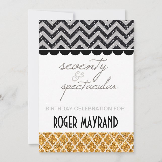 Invitation Parties scintillant Black, Silver, Gold 70th Birth (Devant)